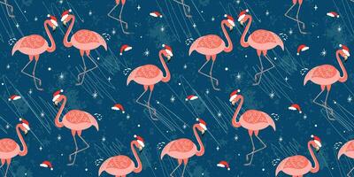 Christmas flamingo seamless pattern on blue repeat background. Funny flamingos in Santa hat. Vector tropical New Year wallpaper, textile print, wrapping, package design, fabric. Cute tropic pink birds