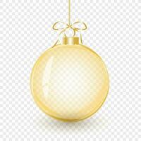 Gold Glass Christmas ball with bow. Element of holiday decoration. Vector object for christmas design, mockup, postcard, invitation, poster, banner