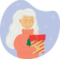an illustration of a woman holding a christmas gift vector