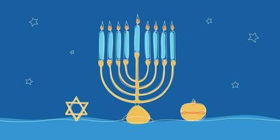 Hanukkah menorah outline background with star and sufganiyot filled doughnut. Jewish traditional candle holder with lights. Minimal Chanukah banner template. Vector illustration isolated on white