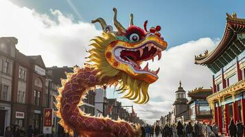 Chinese Dragon under a bright sky. AI Generated photo