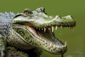 Crocodile with its mouth wide open with a green lake in the green background. AI Generated photo