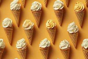 Incorporate a variety of waffle cones with different ice cream flavors. AI Generated photo