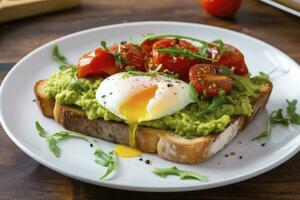 Avocado toast with eggs and roasted tomatoes. AI Generated photo