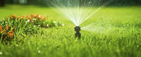 Automatic garden lawn sprinkler in action watering grass. AI Generated photo