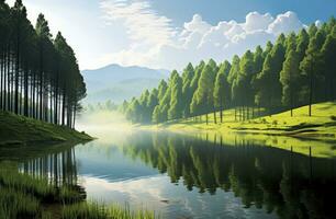 Beatiful nature lake and forest.AI Generated. photo