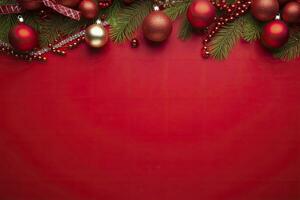 Christmas or New Year red background with fir decor. AI Generated photo