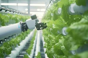 Automatic Agricultural Technology With Close-up View Of Robotic Arm Harvesting Lettuce In Vertical Hydroponic Plant. AI Generated photo