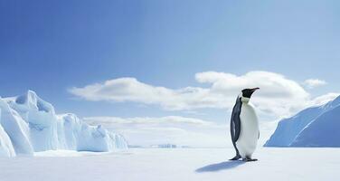 pingüino en pie en Antártida mirando dentro el azul cielo. ai generado foto