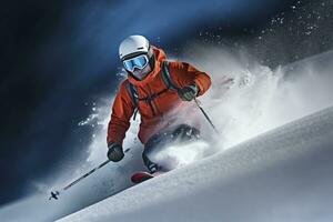 Skier Skiing On Mountain Slope. AI Generated photo