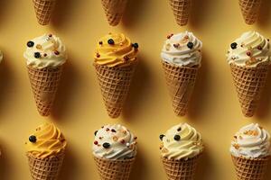 Incorporate a variety of waffle cones with different ice cream flavors. AI Generated photo