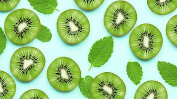 Slices of kiwi fruit and green mint leaves on a light pastel blue background. AI Generated photo