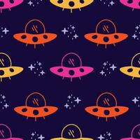 Space seamless pattern with flying saucer and stars vector