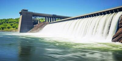 hidroeléctrico represa generando verde energía desde fluido agua. ai generado. foto