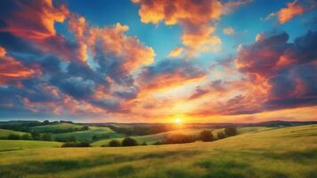 Beautiful Nature Sunrise Summer Landscape Blue Sky Natural Background ai generative photo