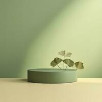 Empty podium with Ginkgo Biloba leaves and shadows on pastel green background.  AI Generated. photo