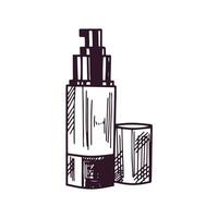 Hand-drawn bottle of cream with dispenser, beauty cosmetic element, self care. Illustration for beauty salon, cosmetic store, makeup design. Doodle sketch style. vector