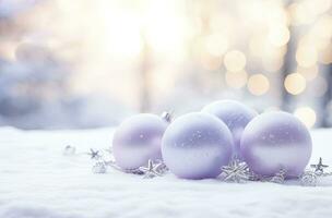 Christmas decorations ball on snow background. AI Generated photo