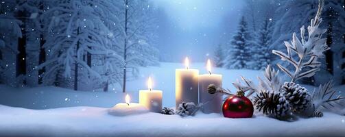 Winter Forest Landscape With Burning Candles Christmas Decoration. AI Generated photo