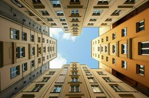 Image of a skyscrapers looking up, Looking up at business buildings in downtown, AI Generated photo