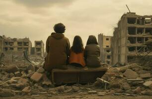 niños y mujer se sienta en el restos de su arruinado hogar porque de el guerra en ciudad, ai generado foto