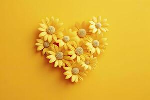 Yellow Heart Shaped By Yellow Daisies Over Yellow Background. AI Generated photo