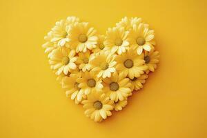 Yellow Heart Shaped By Yellow Daisies Over Yellow Background. AI Generated photo