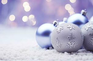 Christmas decorations ball on snow background. AI Generated photo