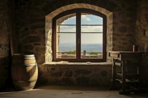 Barrel in an ancient castle beside the window. AI Generated photo