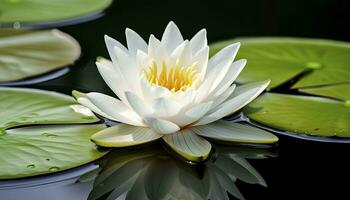 blanco agua lirio. blanco loto con hojas en oscuro estanque. ai generado foto