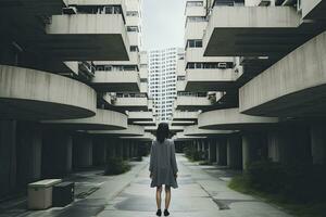 mujer caminando en futurista brutalista ciudad calle. ai generado. foto