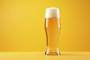 Beer glass with full beer isolated with a yellow background. AI Generated photo