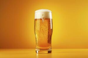 Beer glass with full beer isolated with a yellow background. AI Generated photo