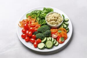 Salad with quinoa, spinach, broccoli, tomatoes, cucumbers and carrots. AI Generated photo