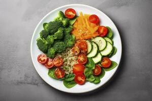 Salad with quinoa, spinach, broccoli, tomatoes, cucumbers and carrots. AI Generated photo