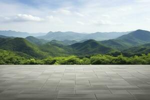 Square floor and green mountain nature landscape. AI Generated. photo