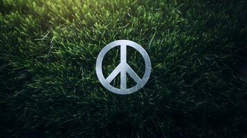 White Peace Symbol Tilted Right on Vibrant Green Grass photo