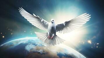 White Dove with Pink Beak Spreading Wings Over Earth photo