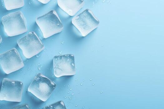 Cubes of ice and drops are isolated on the blue background with empty space. AI Generated photo
