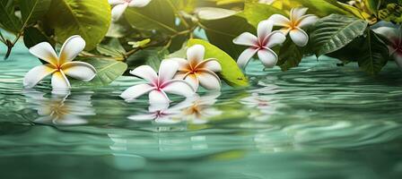 plumeria flores en verde hoja flotante en agua. un pacífico y sereno escena con un toque de naturaleza y belleza. ai generado foto