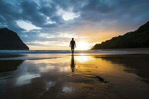 un persona caminando en el playa a puesta de sol. ai generado. foto