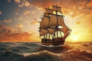 pirata Embarcacion navegación en el Oceano a puesta de sol. Clásico crucero. ai generado foto