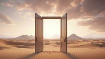 The opened door on the desert. Unknown and start up concept. AI Generated. photo