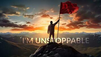 Motivational Quote on Red Flag at Mountain Sunset photo