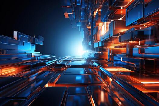 Abstract background image with rectangles in blue and orange tones in space. Generated by artificial intelligence photo