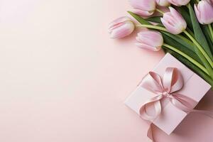 Mother's Day concept. Pink gift box with ribbon bow and a bouquet of tulips.  AI Generated photo