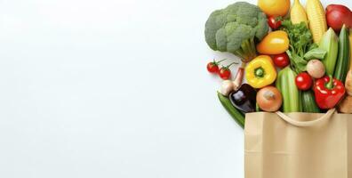 Healthy food in paper bag vegetables and fruits on white background. AI Generated photo