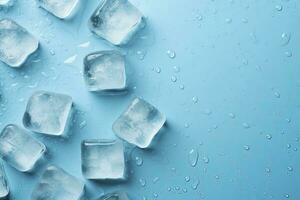 cubitos de hielo y gotas son aislado en el azul antecedentes con vacío espacio. ai generado foto