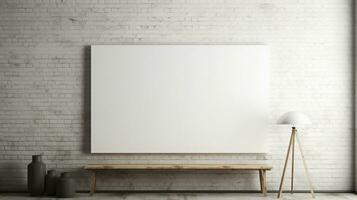 Horizontal white canvas above scandinavian deco ai generated frame mockup living room photo