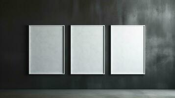 Concrete dark wall with 3 frameworks ai generated frame mockup minimal photo